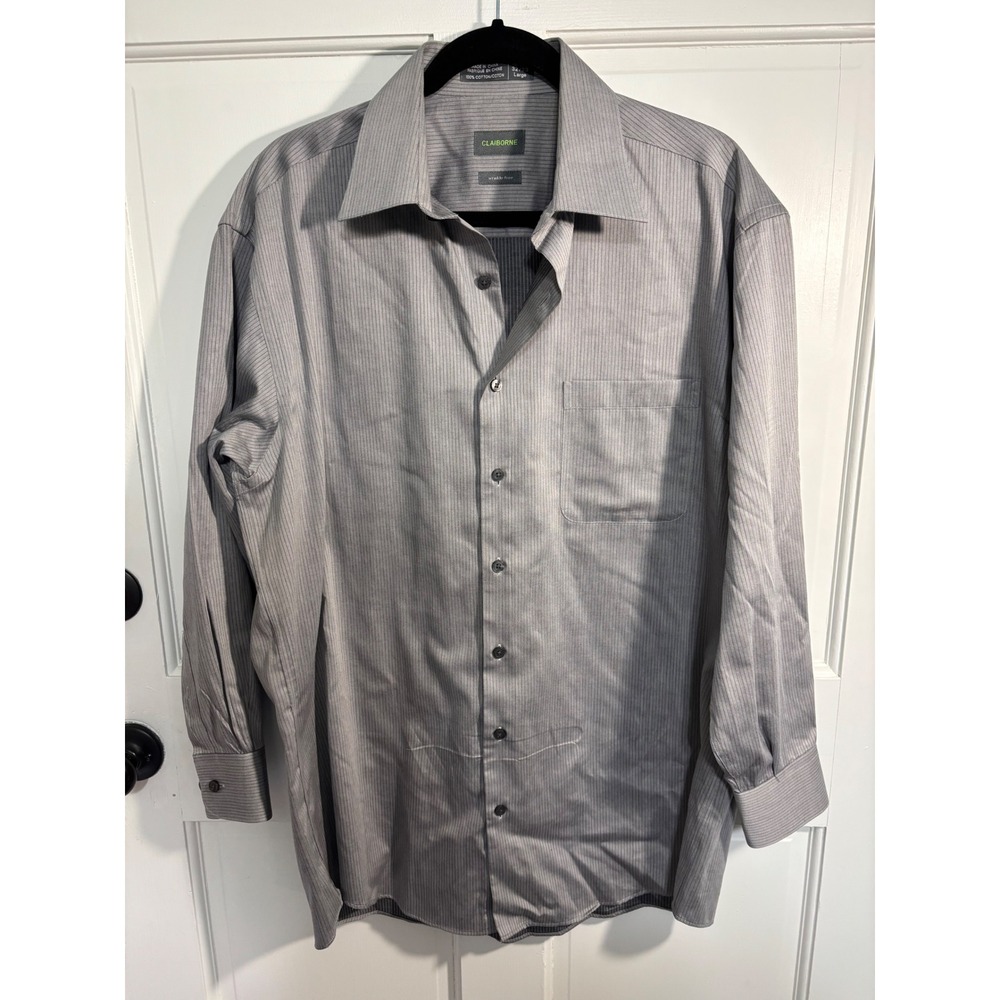 Claiborne Mens Grey Pinstripe‎ Dress Shirt Wrinkle Free Cotton Size 16.5 32/33 L